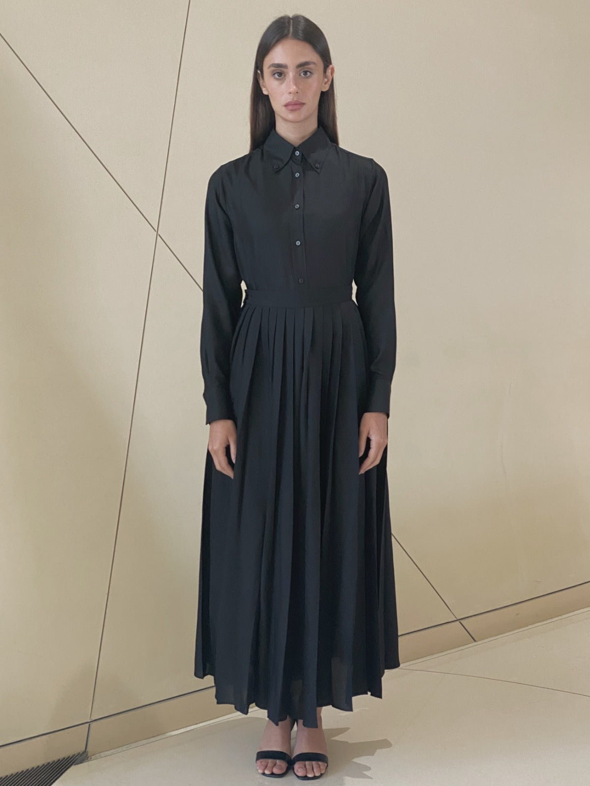 Shirt with Pleated Skirt in Black Silk