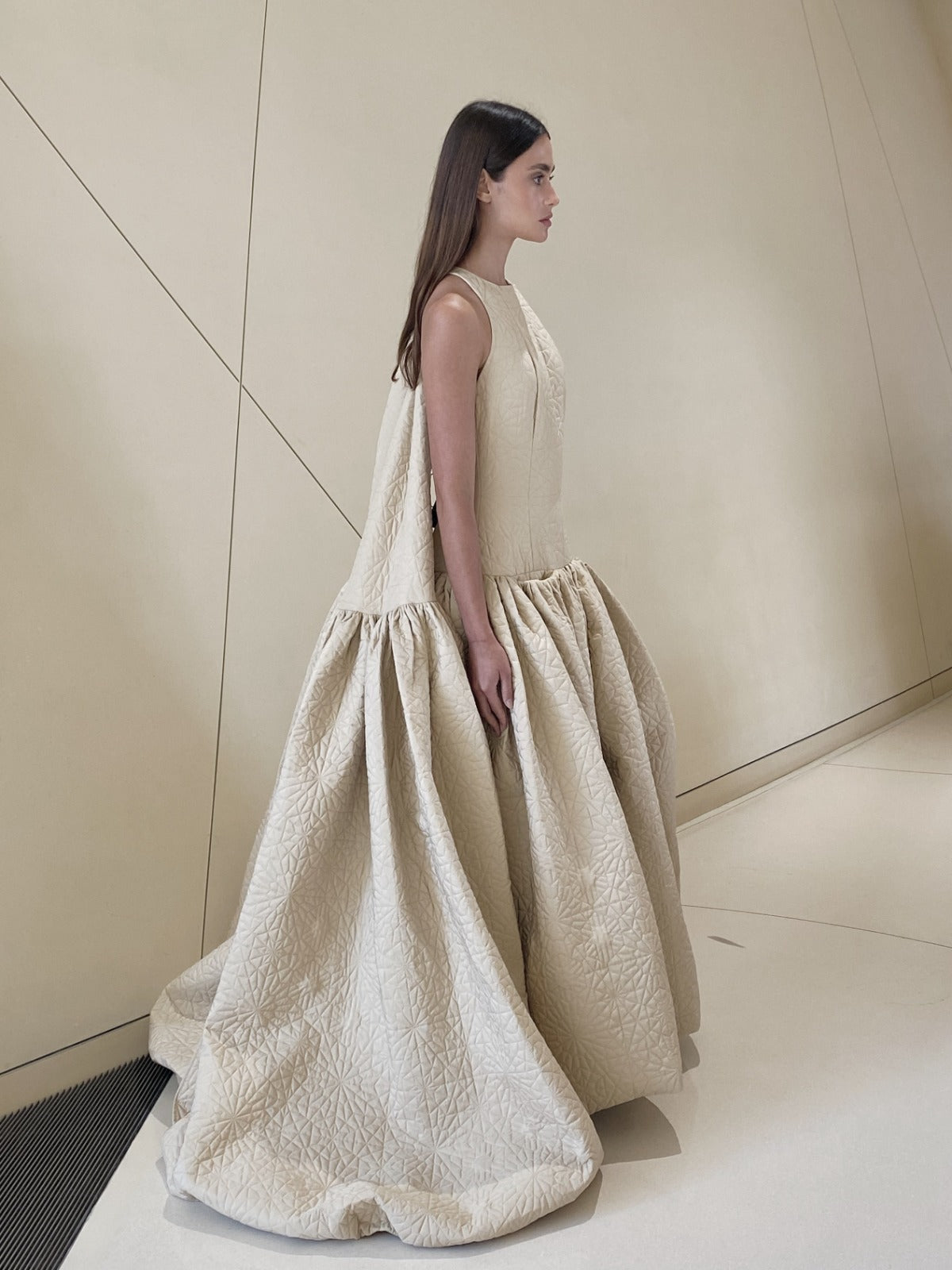 Open Back Voluminous Gown in Beige Quilt