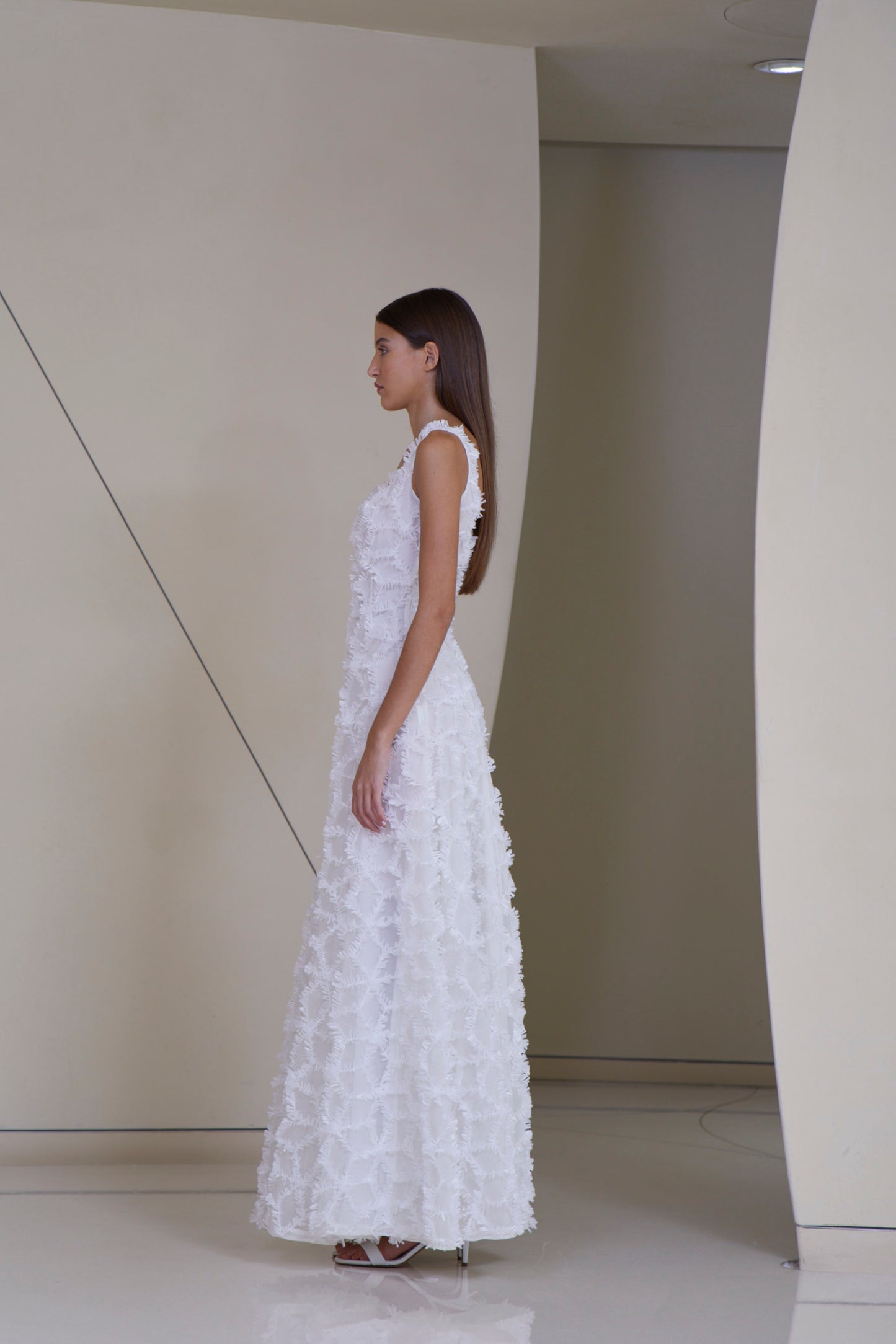 Square Neckline Voluminous Gown in silk organza with  Full Raffia Geometric Design