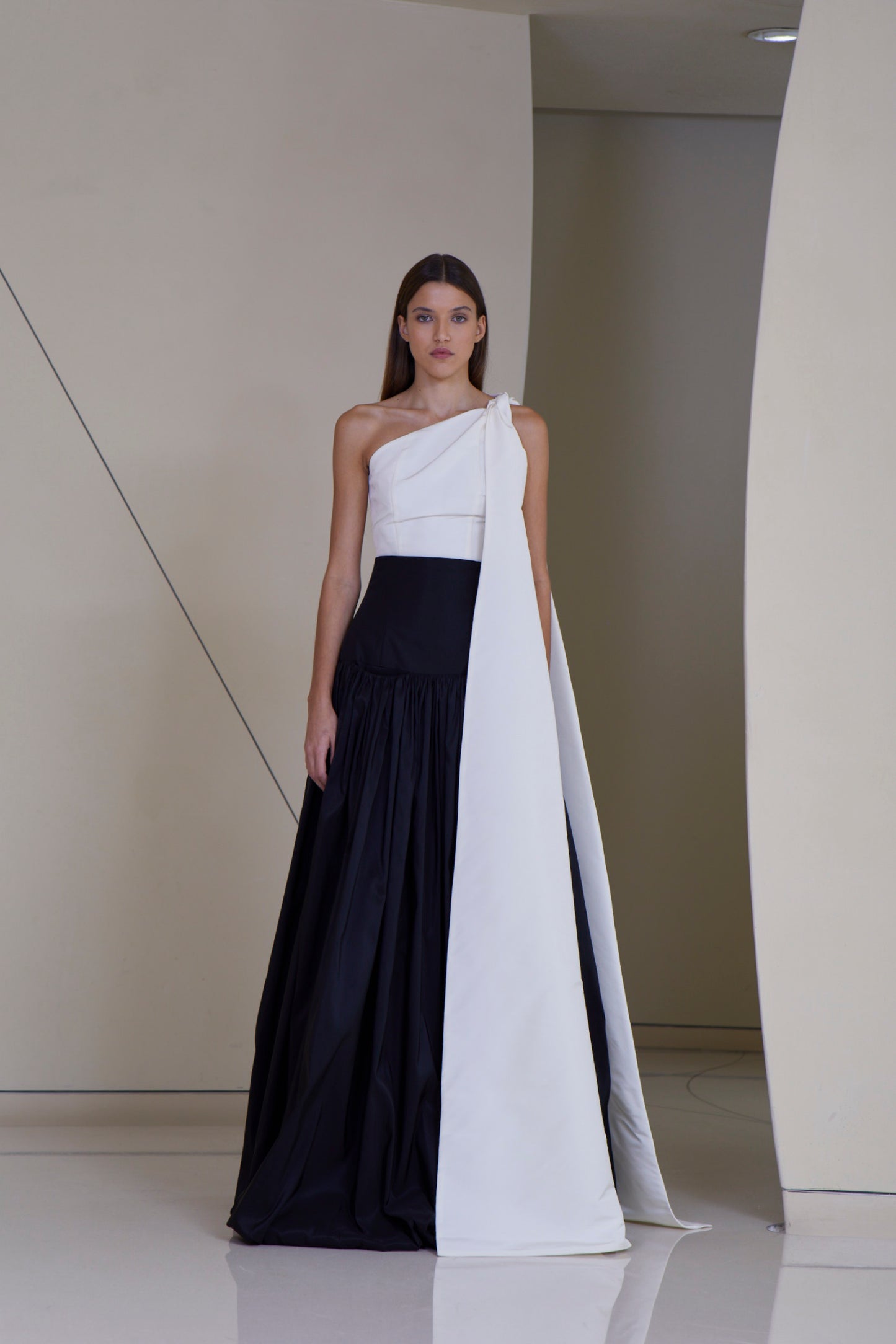 Asymmetric Top with Side Cape tie & Voluminous High Waisted Skirt with front hidden pockets in silk Faille