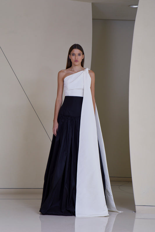 Asymmetric Top with Side Cape tie & Voluminous High Waisted Skirt with front hidden pockets in silk Faille