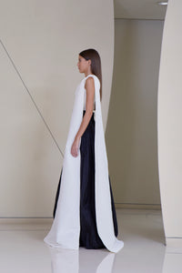 Asymmetric Top with Side Cape tie & Voluminous High Waisted Skirt with front hidden pockets in silk Faille