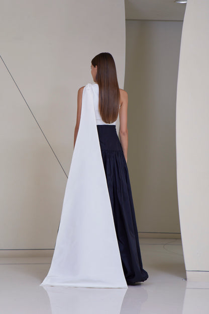 Asymmetric Top with Side Cape tie & Voluminous High Waisted Skirt with front hidden pockets in silk Faille