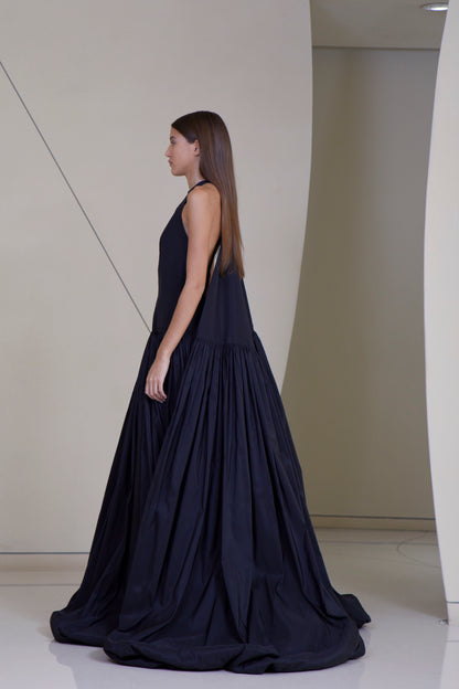 Open Back Voluminous Gown with back tie cape in silk Faille