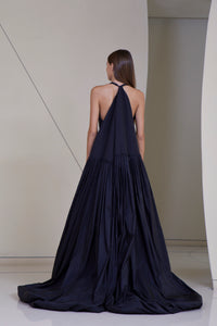 Open Back Voluminous Gown with back tie cape in silk Faille