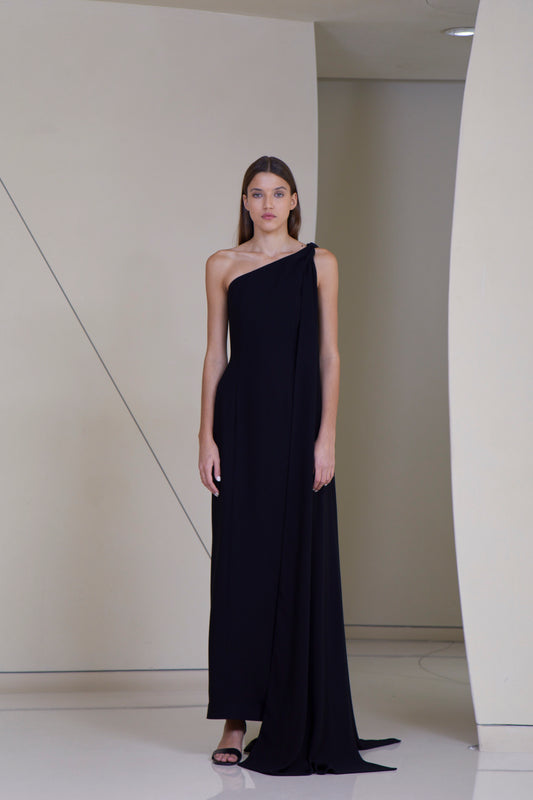 Asymmetric straight cut dress with side cape tie in silk crepe