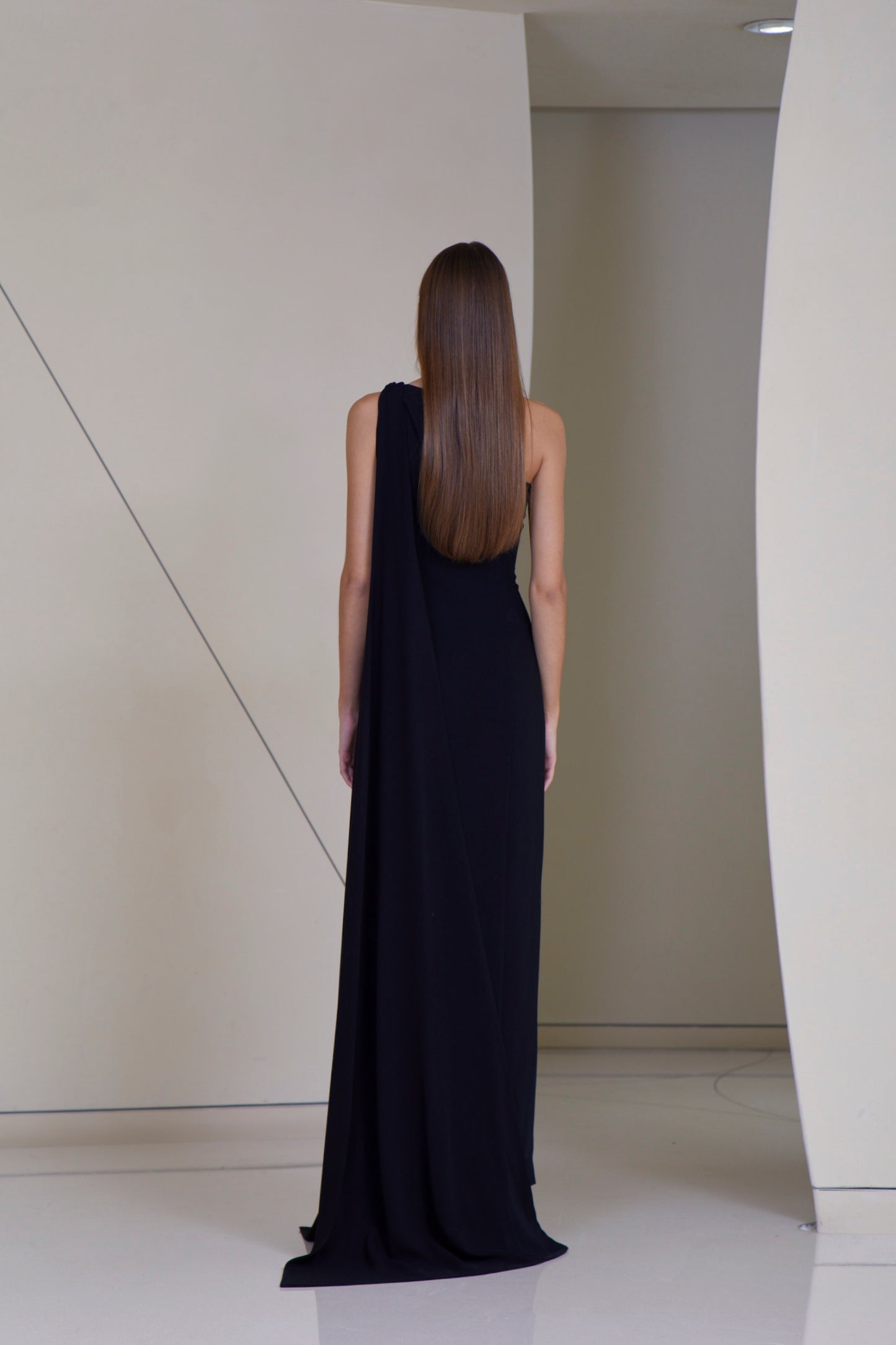 Asymmetric straight cut dress with side cape tie in silk crepe