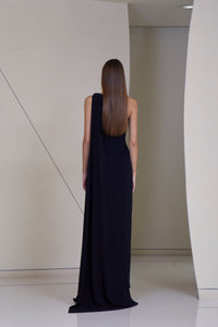 Asymmetric straight cut dress with side cape tie in silk crepe