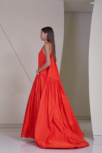Open Back Voluminous Gown with Back tie cape in Silk Faille