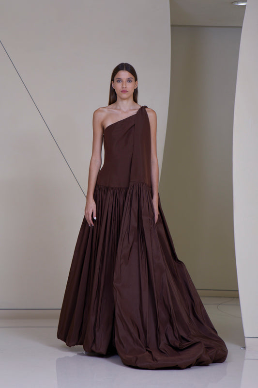 Asymmetric Voluminous Gown with Side Tie in  silk Faille