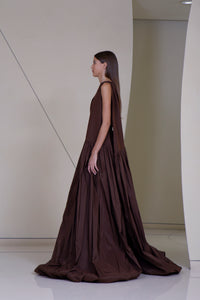 Asymmetric Voluminous Gown with Side Tie in  silk Faille