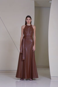 Halter Back Top with High Waisted Maxi Wrap Skirt   in Faux Leather