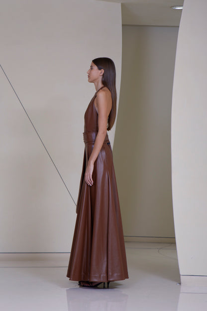 Halter Back Top with High Waisted Maxi Wrap Skirt   in Faux Leather