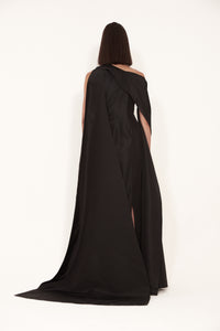 Asymmetric cape dress in silk Faille
