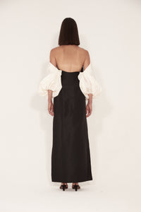 Open Back Puff Sleeves gown  in Black & White Silk Faille
