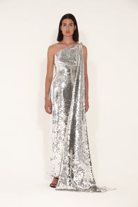 Asymmetric Straight cut dress with side cape tie in silk crepe in full hand embellished sequence