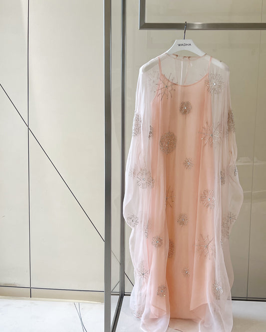 Classic caftan in silk organza with crystal geometric pattern