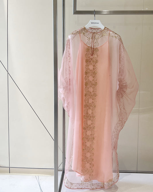 Puff sleeves caftan in silk organza with gold metallic embroidery