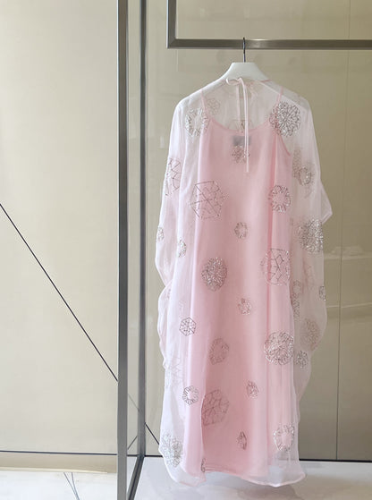 Classic caftan in silk organza with full silver metallic embroidery