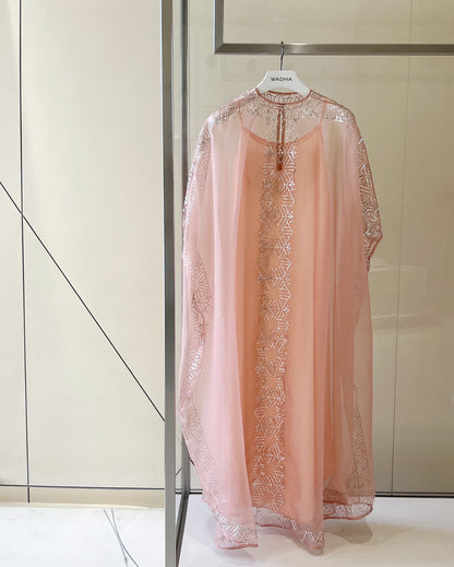 Classic caftan in silk organza with silver metallic embroidery