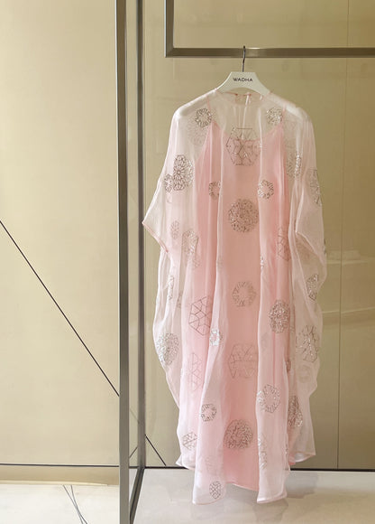 Classic caftan in silk organza with full silver metallic embroidery