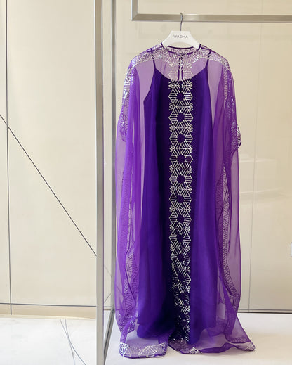 Classic caftan in silk organza with silver metallic embroidery