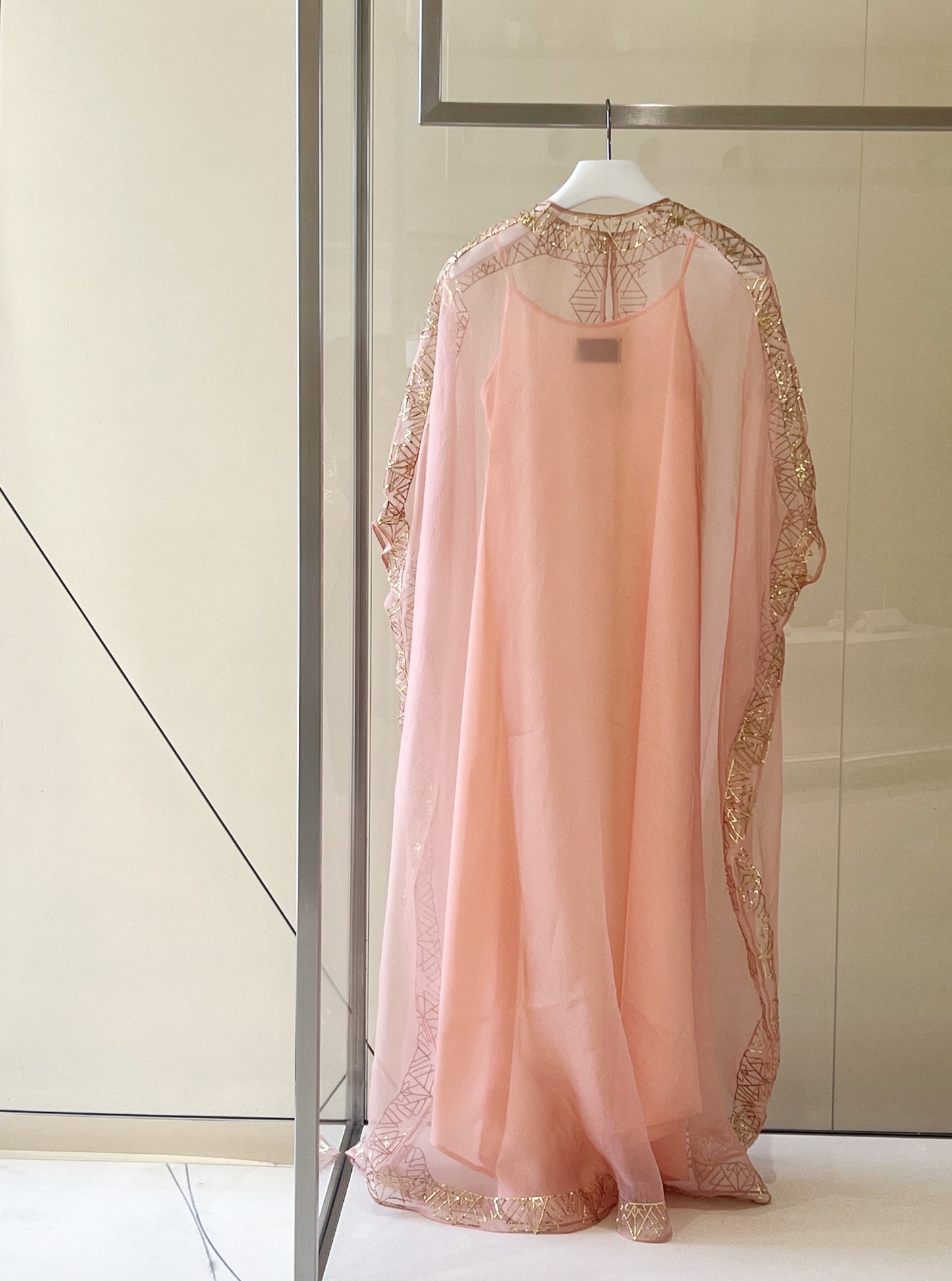 Classic caftan in silk organza with gold  metallic embroidery