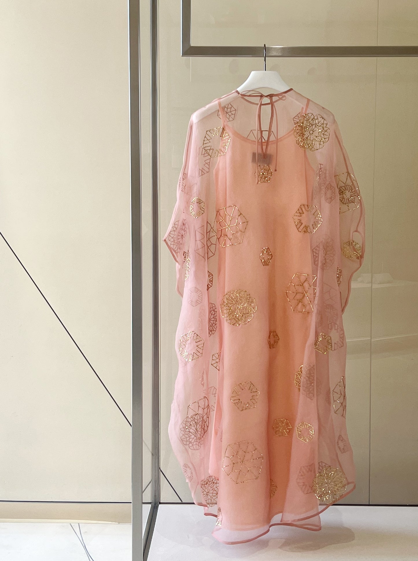 Classic  caftan in silk organza with full gold metallic embroidery