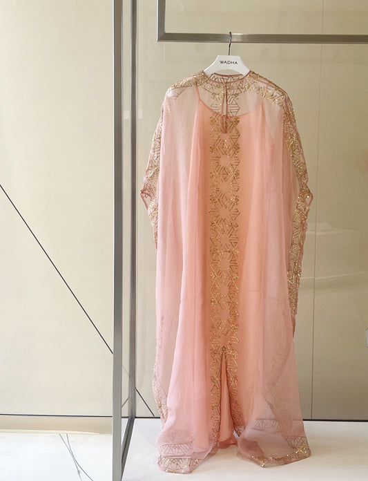 Classic caftan in silk organza with gold  metallic embroidery