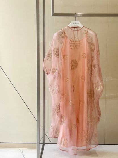 Classic  caftan in silk organza with full gold metallic embroidery