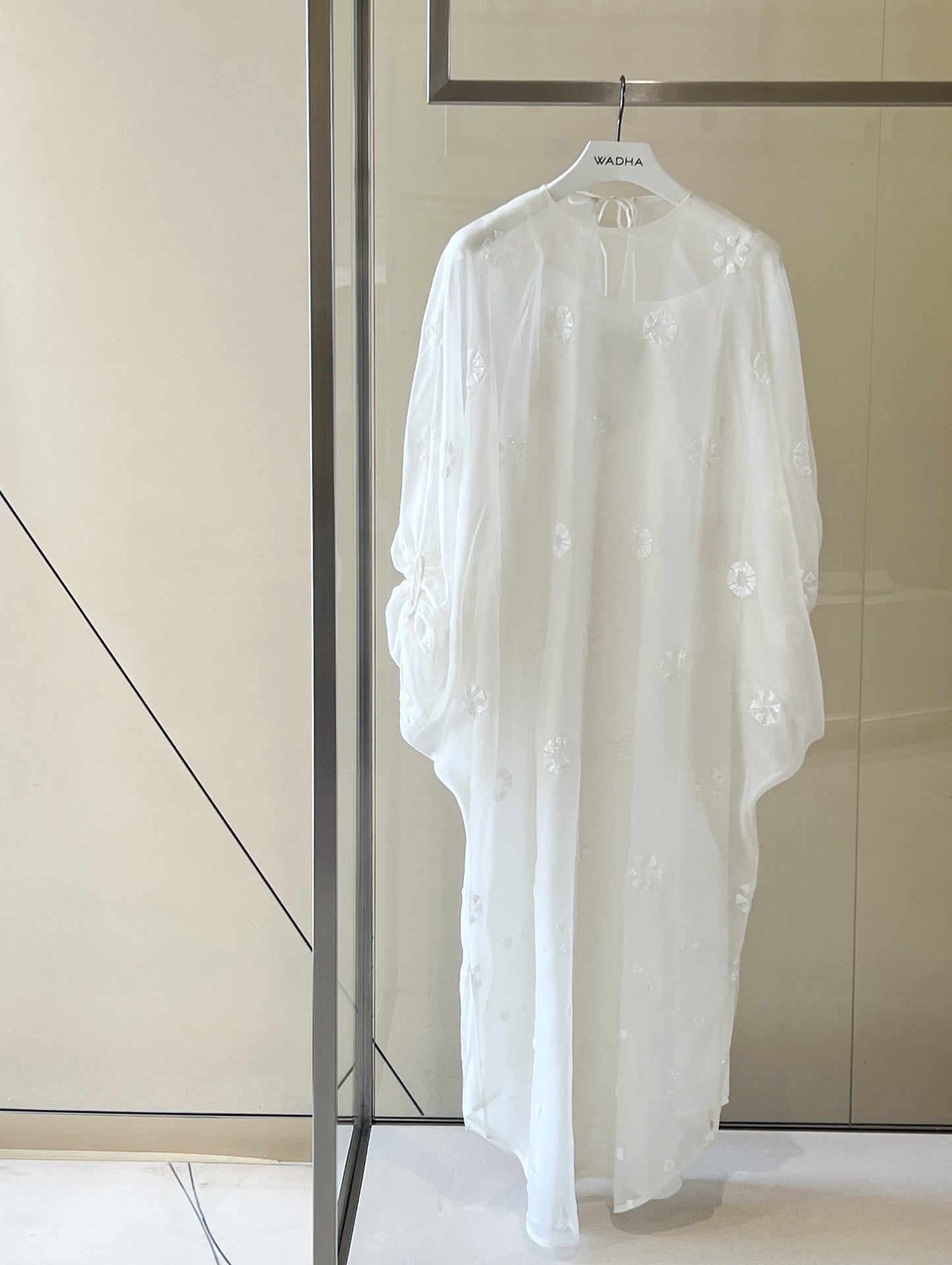 Puff sleeves  caftan in silk organza with full geometric embellishment